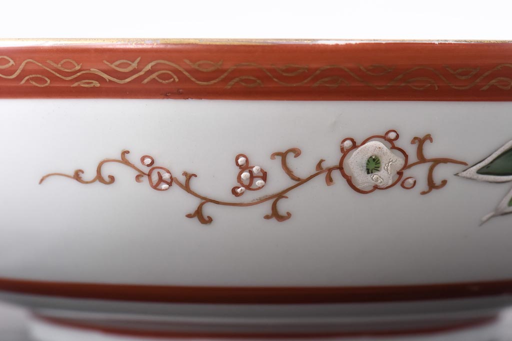 和製アンティーク　九谷焼　色絵　孔雀と牡丹の図　緻密な模様が目を引く鉢(和食器)(1)