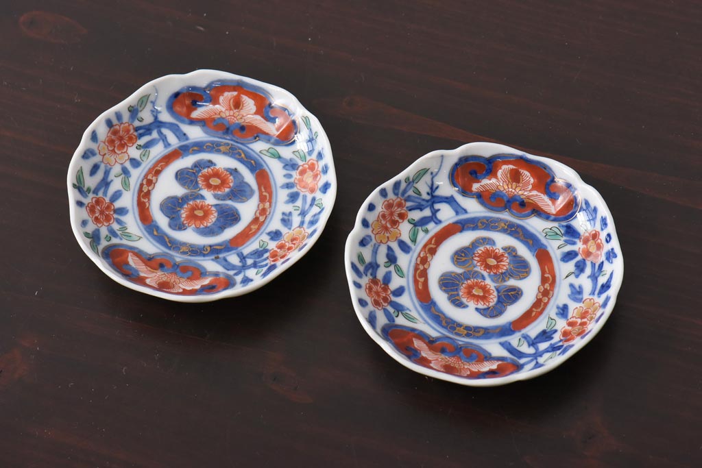 江戸期　大明成化年製　色絵染付　鮮やかな色調の小皿2枚セット(和食器)