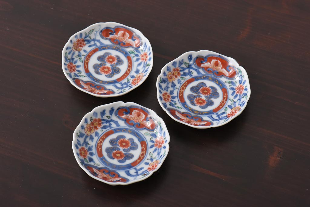 江戸期　大明成化年製　色絵染付　鮮やかな色調の小皿3枚セット(和食器)