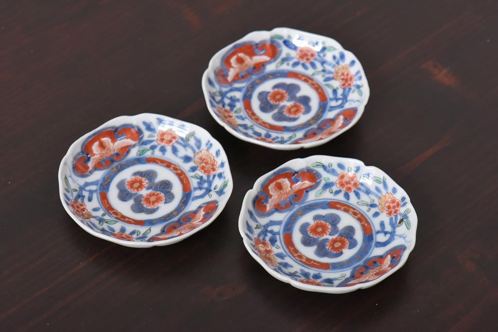 江戸期　大明成化年製　色絵染付　鮮やかな色調の小皿3枚セット(和食器)