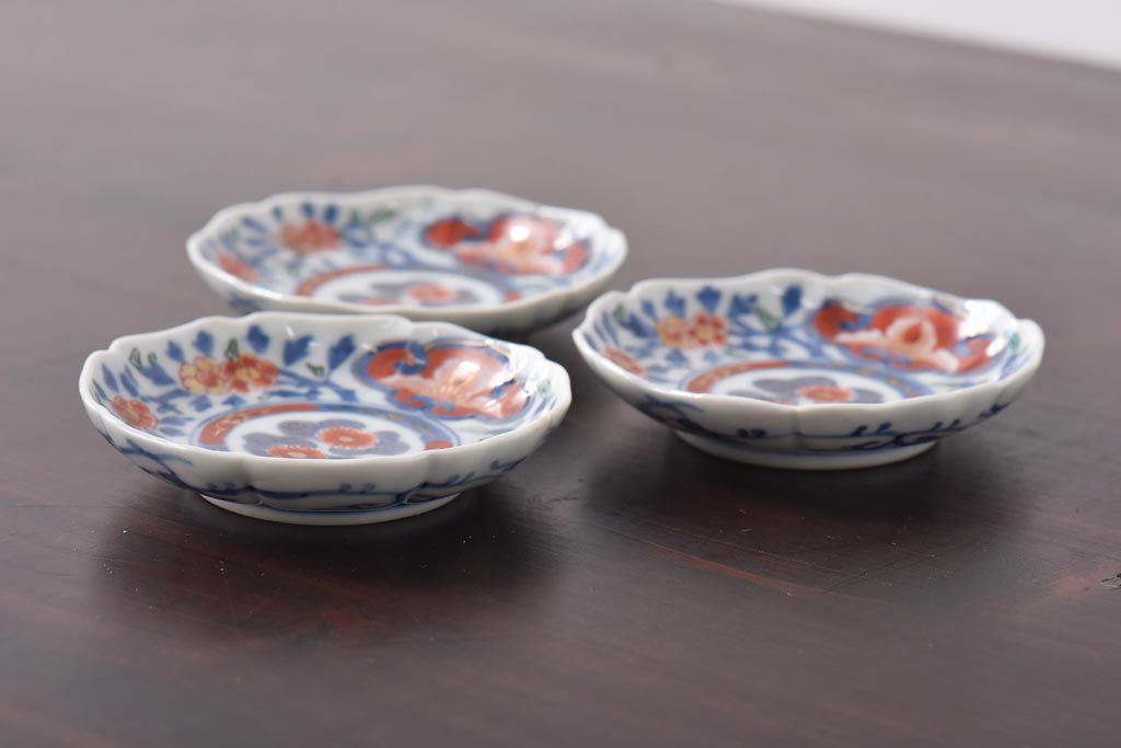 江戸期 大明成化年製 色絵染付 鮮やかな色調の小皿3枚セット(和食器