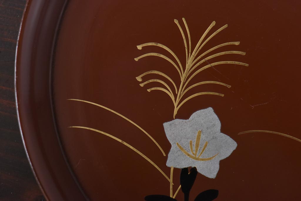 和製アンティーク　桔梗と薄の図　秋の草花が描かれた蒔絵の木皿5枚セット(中皿)