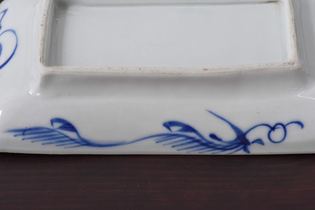 古民具・骨董　染付　蛸唐草紋　はっきりとした藍が美しい角皿2枚セット(長皿)(3)