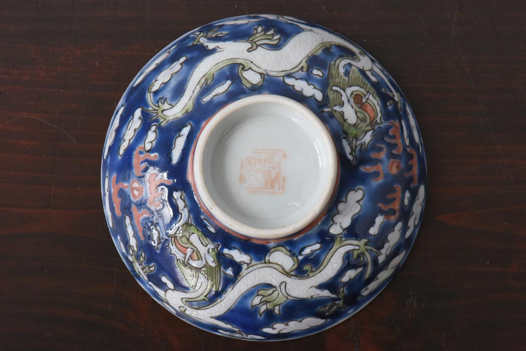 古民具・骨董　龍の図　色絵　独特な絵柄の蓋付き茶碗2客セット(和食器)(1)