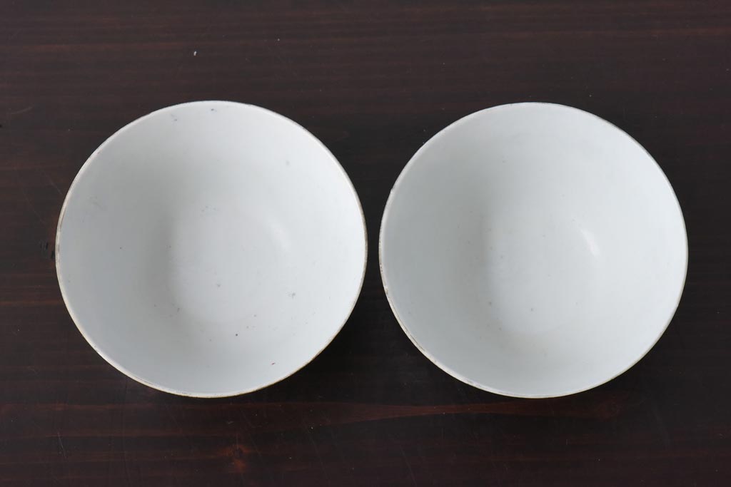 古民具・骨董　龍の図　色絵　独特な絵柄の蓋付き茶碗2客セット(和食器)(2)