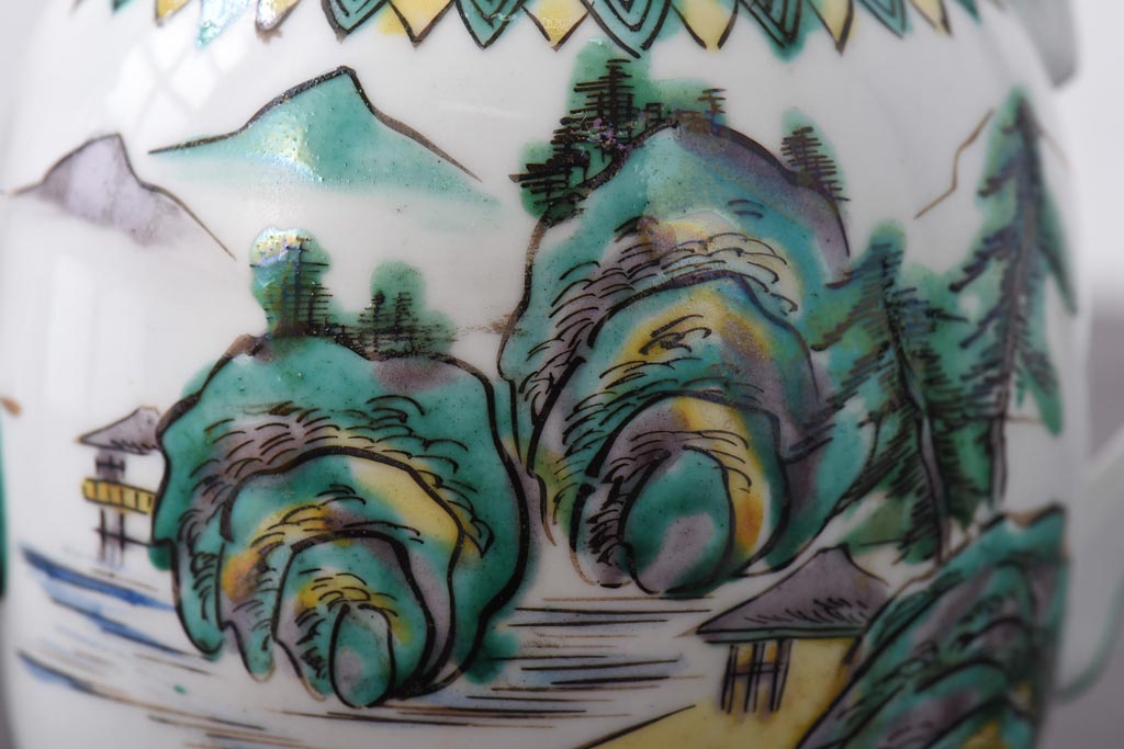 和製アンティーク　明治期　山水画　鮮やかな色彩が美しい九谷焼急須(水注、ポット)