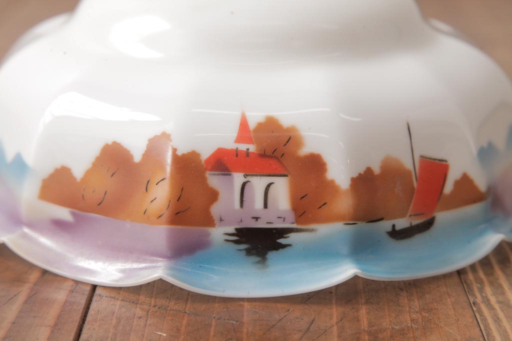 フランスアンティーク　湖のほとりが描かれた絵画のようなペンダントライト(天井照明)