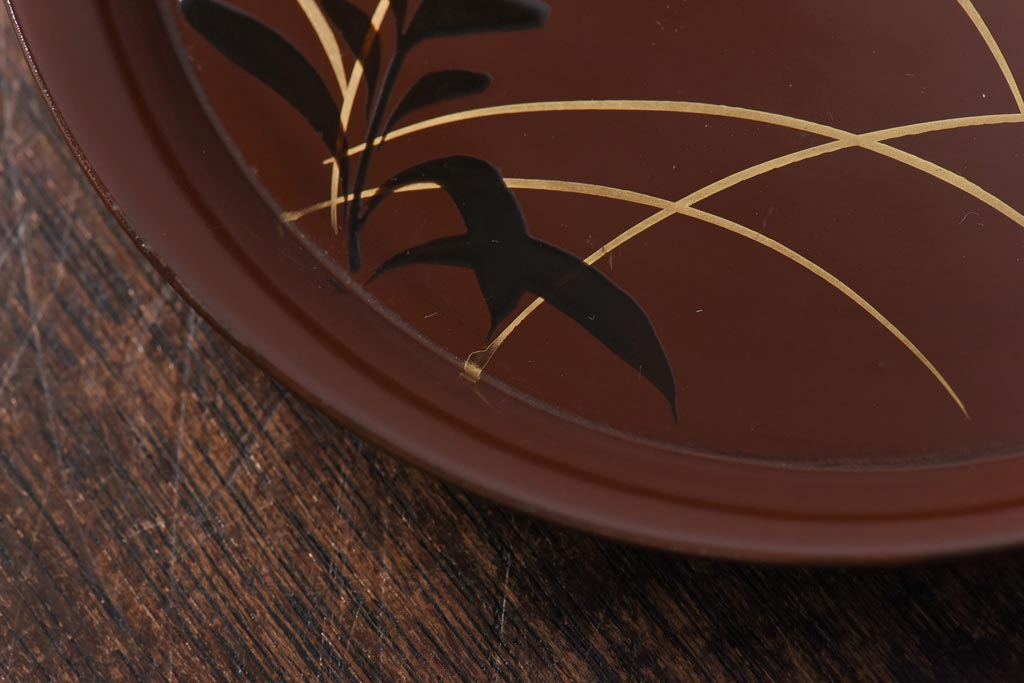 昭和初期　桔梗図　しっとりとした光沢が魅力的な木製皿5枚セット(漆器、和食器)(2)