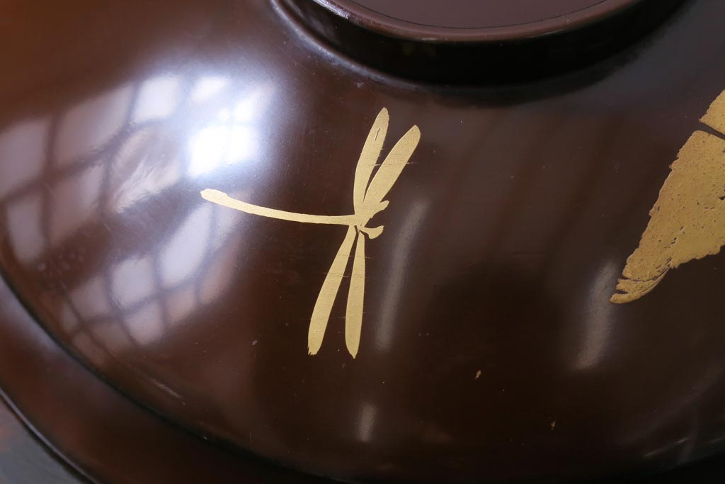 和製アンティーク　蜻蛉・草花の図　金彩が映える蒔絵木製椀8客セット(蓋付き椀)
