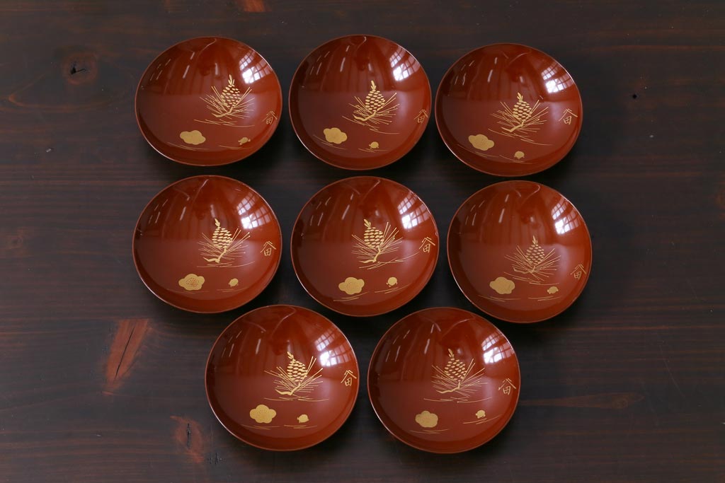 和製アンティーク　梅と松ぼっくりの図　羽反型　蒔絵木製椀8客セット(蓋付き椀)