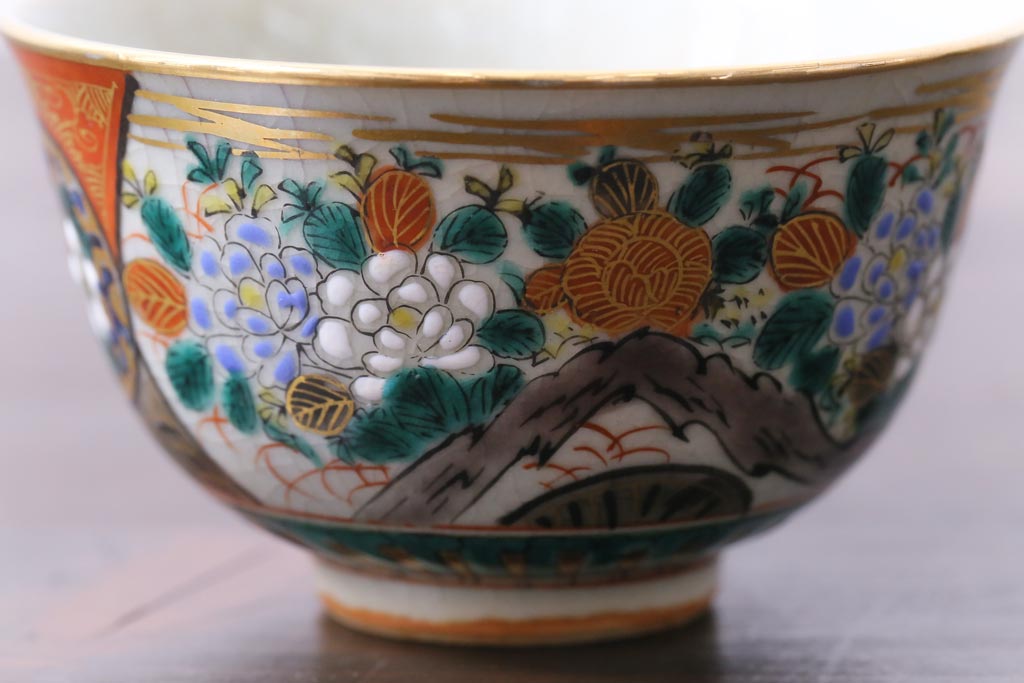 和製アンティーク　九谷焼　九谷庄三　色絵　牡丹と僧侶　茶器セット(急須、湯冷まし、湯呑み)