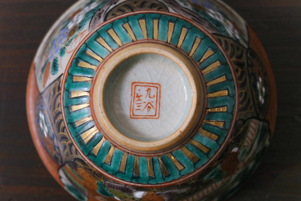 和製アンティーク　九谷焼　九谷庄三　色絵　牡丹と僧侶　茶器セット(急須、湯冷まし、湯呑み)