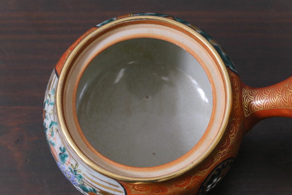和製アンティーク　九谷焼　九谷庄三　色絵　牡丹と僧侶　茶器セット(急須、湯冷まし、湯呑み)