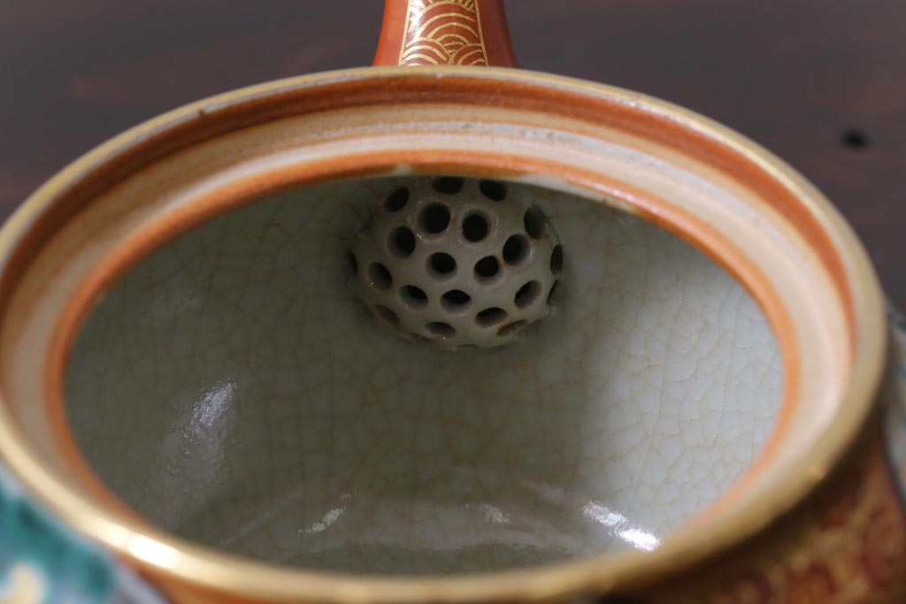 和製アンティーク　九谷焼　九谷庄三　色絵　牡丹と僧侶　茶器セット(急須、湯冷まし、湯呑み)