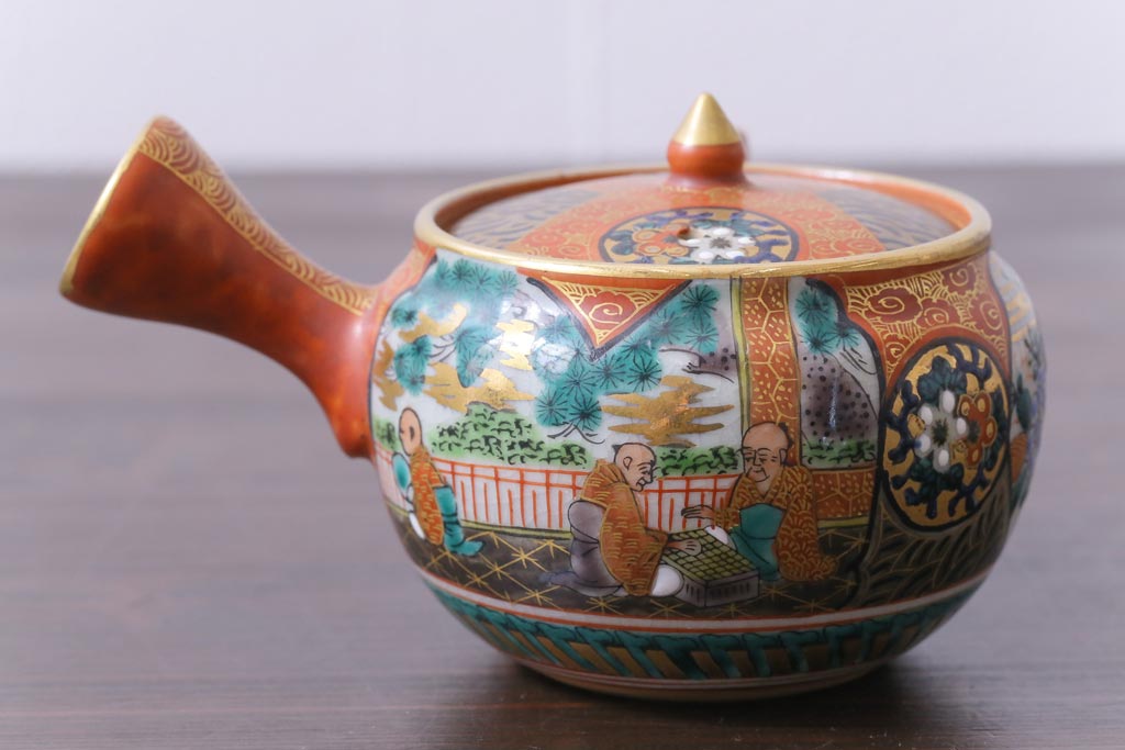 和製アンティーク　九谷焼　九谷庄三　色絵　牡丹と僧侶　茶器セット(急須、湯冷まし、湯呑み)
