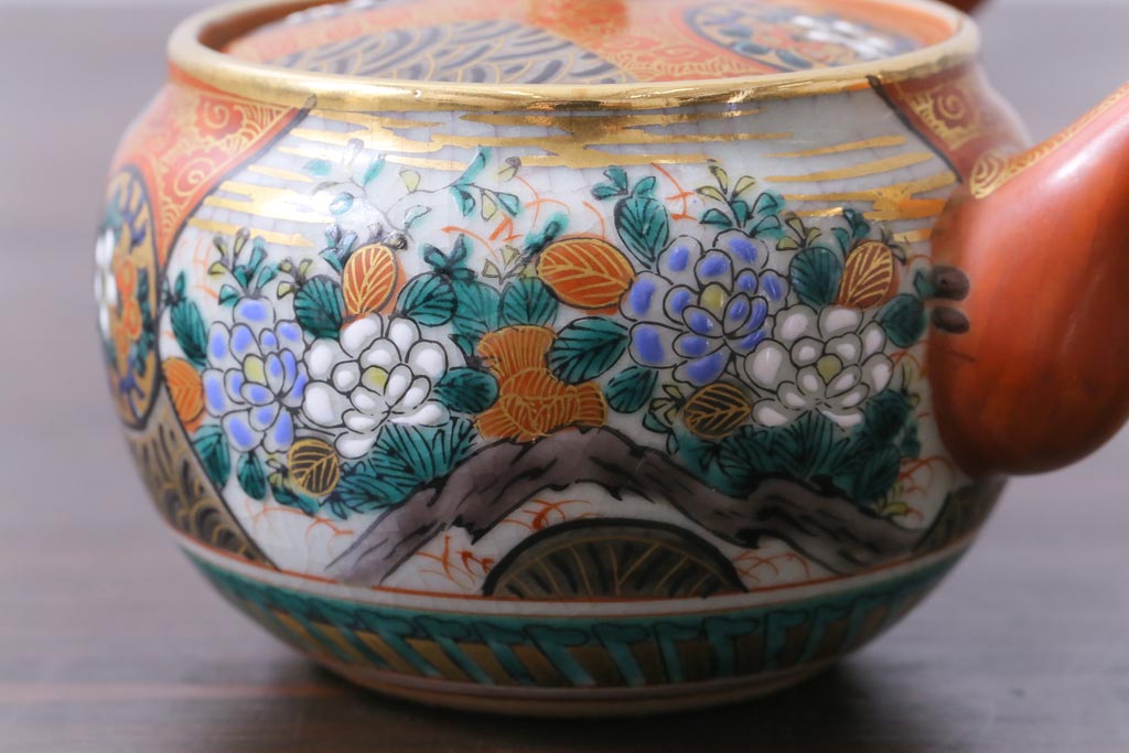 和製アンティーク　九谷焼　九谷庄三　色絵　牡丹と僧侶　茶器セット(急須、湯冷まし、湯呑み)
