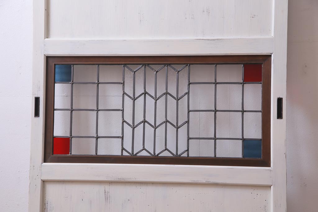 和製アンティーク　ラフジュ工房オリジナルステンドグラス　古建具リメイク　ステンドグラスを組合せたシャビーなペイント板戸1枚(引き戸、建具)