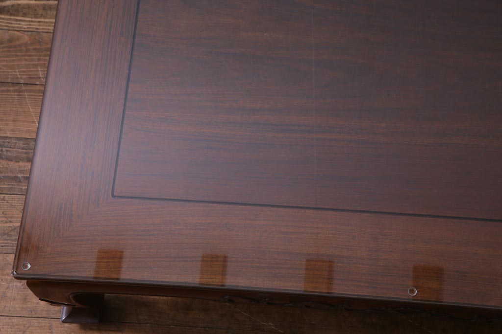中古　伝統工芸品　大阪唐木指物　花梨材　ガラス天板付き　上品な雰囲気漂う座卓(テーブル、ローテーブル、カリン材)