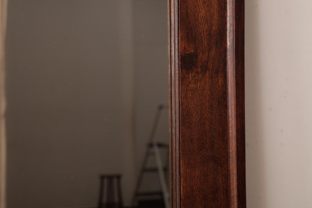 アンティーク雑貨　昭和レトロ　ナラ材　粗い木肌と木目が魅力的なウォールミラー(壁掛け鏡)