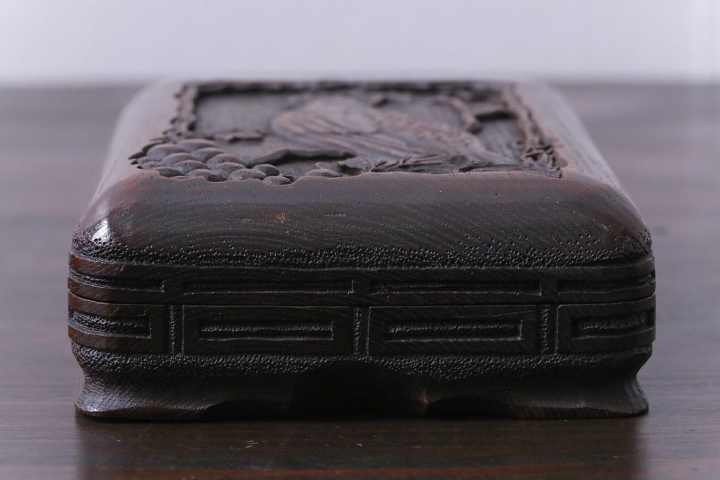 逸品 月に雁 木工芸 盆付き手箱 高肉彫り 煙草入れ 和骨董