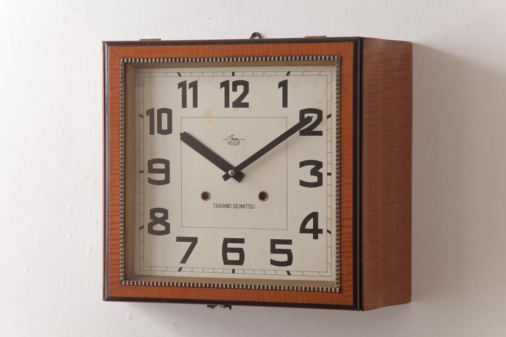 アンティーク雑貨　和製アンティーク　戦前　タカノ(高野精密工業)　変わり型　　角型のぜんまい式振り子時計(柱時計、掛け時計)