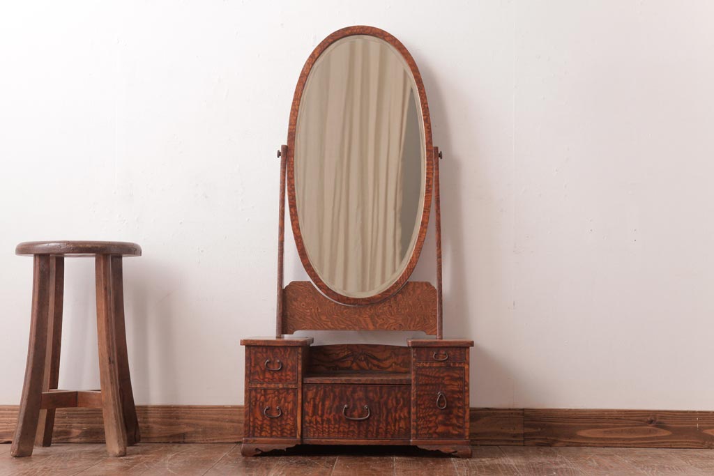 アンティーク家具 昭和初期 タモ材 上品な和の雰囲気漂う鏡台(鏡