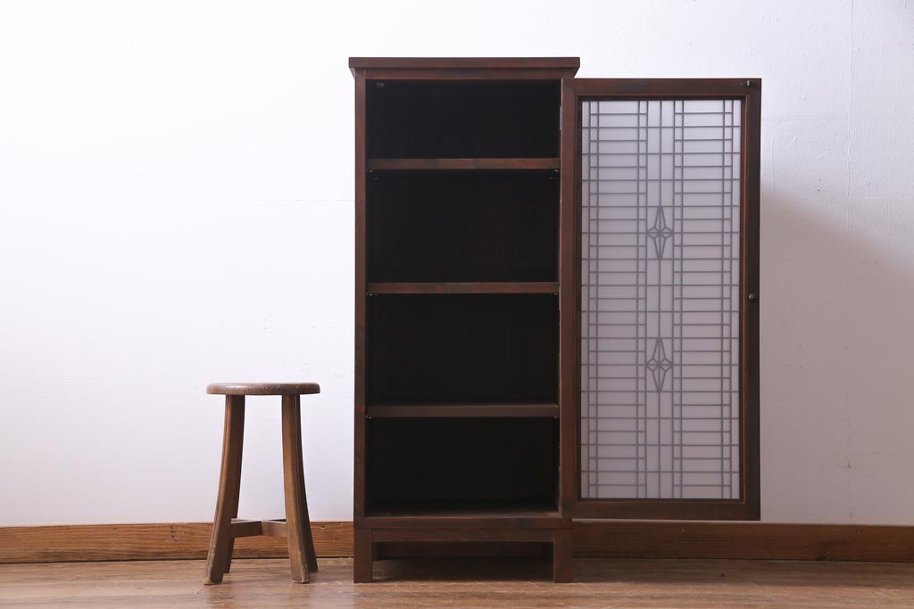 ラフジュ工房オリジナル　古建具リメイク　すりガラス入り　和モダンな雰囲気が趣きあふれる縦型収納棚(下駄箱、戸棚、キャビネット)