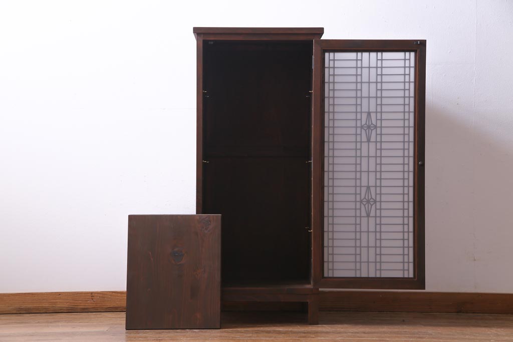 ラフジュ工房オリジナル　古建具リメイク　すりガラス入り　和モダンな雰囲気が趣きあふれる縦型収納棚(下駄箱、戸棚、キャビネット)