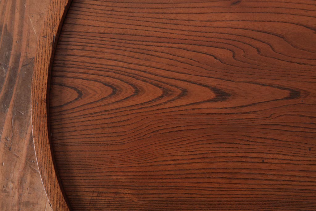 和製アンティーク　昭和初期　ケヤキ材一枚板使用　鮮明な木目が味わい深い丸盆(トレー、和盆)
