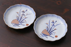 江戸期　古伊万里　染付　龍寿紋　3.1寸皿　約9.5cm　吉祥を招くおめでたい絵付けの菊皿5客セット(小皿、なます皿、菊花形、壽字文、三寸一分、和食器、和皿)(R-062282)