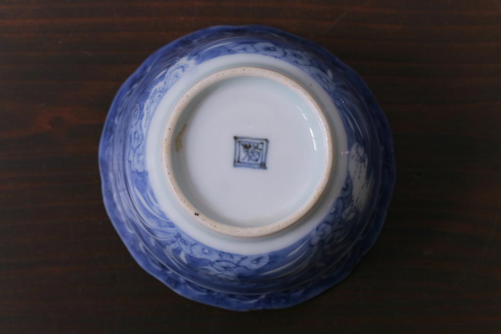 江戸期　古伊万里　藍の濃淡が美しい草花文の小鉢2つセット(そば猪口、和食器)(1)