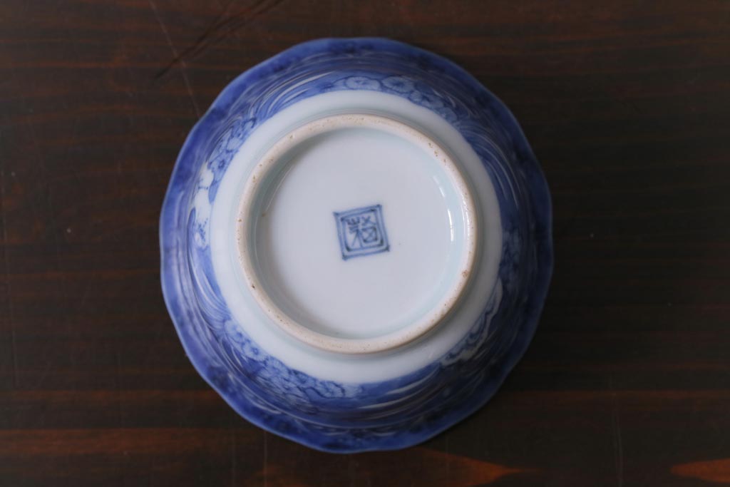 江戸期　古伊万里　藍の濃淡が美しい草花文の小鉢2つセット(そば猪口、和食器)(2)