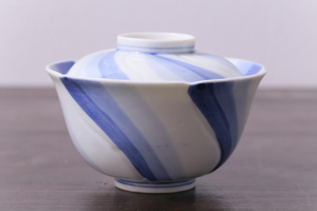 和製アンティーク　江戸期　成化年製　染付三色ねじり文蓋付茶碗3客セット(和食器)