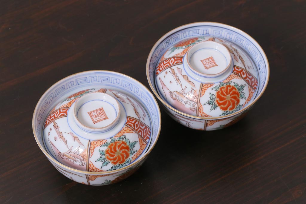 和製アンティーク　古伊万里　江戸期　華やかな色絵染付の蓋つき茶碗2客セット(和食器)