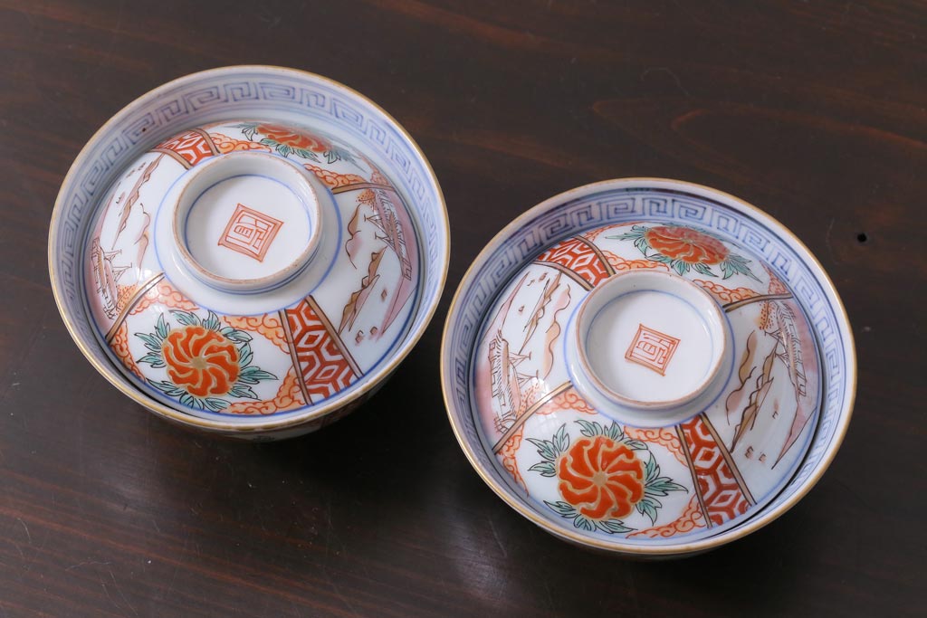 和製アンティーク　古伊万里　江戸期　華やかな色絵染付の蓋つき茶碗2客セット(和食器)