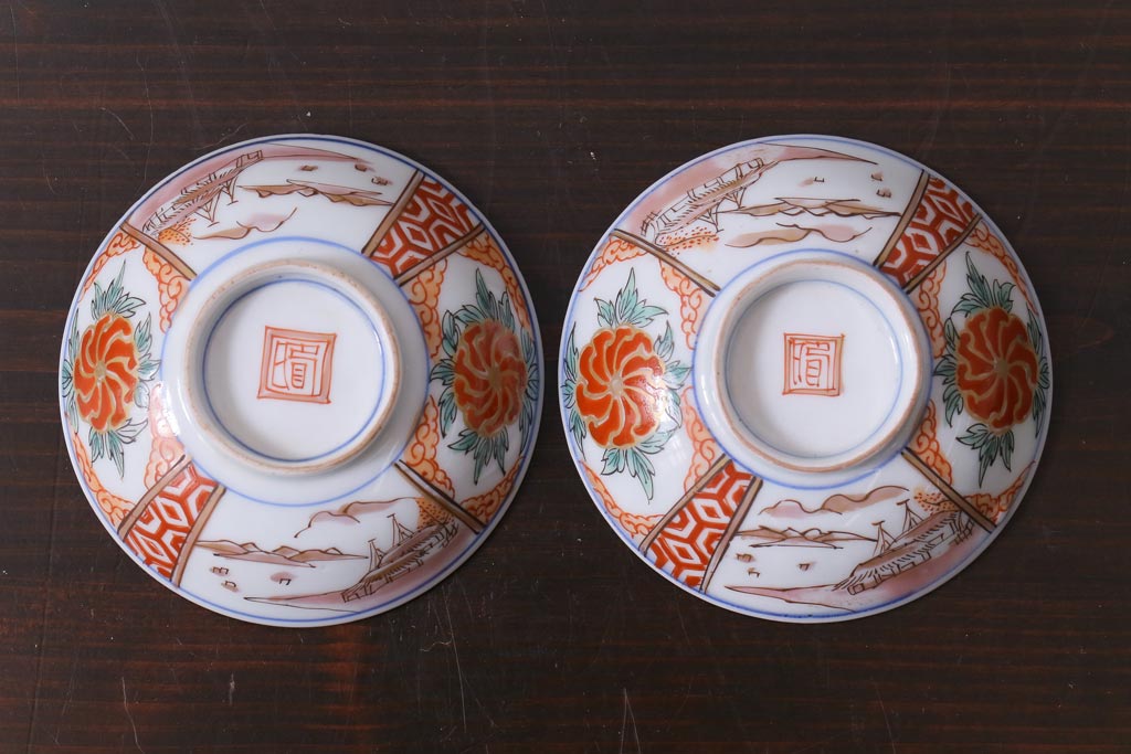和製アンティーク　古伊万里　江戸期　華やかな色絵染付の蓋つき茶碗2客セット(和食器)