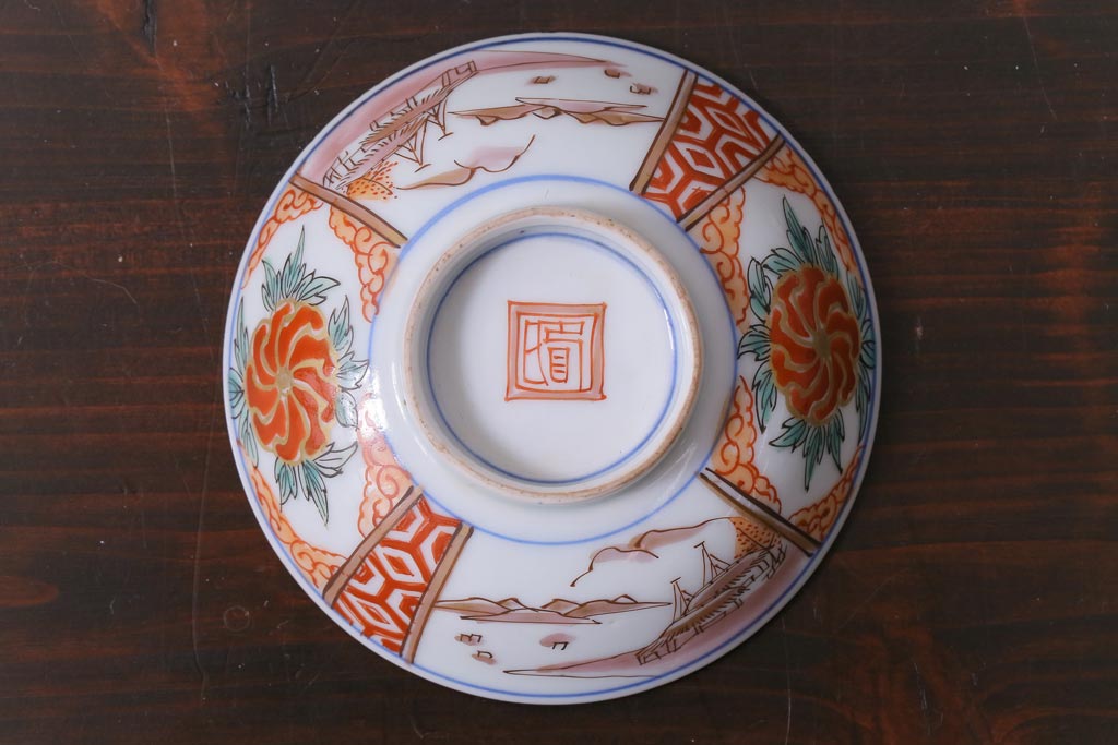 和製アンティーク　古伊万里　江戸期　華やかな色絵染付の蓋つき茶碗2客セット(和食器)