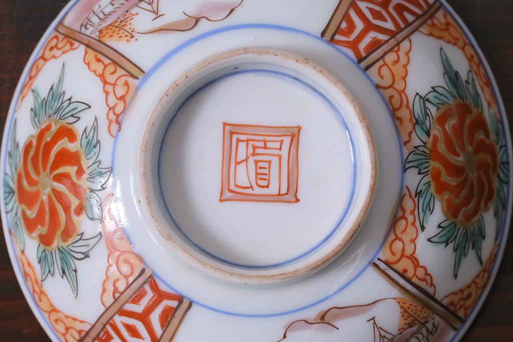 和製アンティーク　古伊万里　江戸期　華やかな色絵染付の蓋つき茶碗2客セット(和食器)