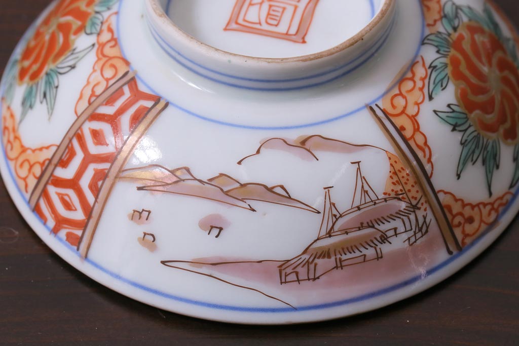 和製アンティーク　古伊万里　江戸期　華やかな色絵染付の蓋つき茶碗2客セット(和食器)