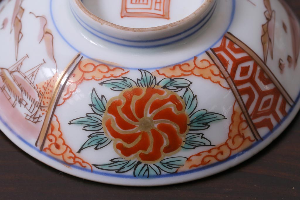 和製アンティーク　古伊万里　江戸期　華やかな色絵染付の蓋つき茶碗2客セット(和食器)