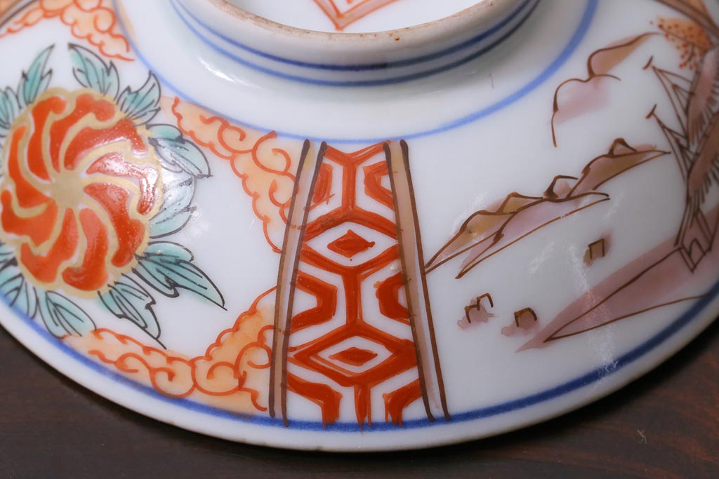 和製アンティーク　古伊万里　江戸期　華やかな色絵染付の蓋つき茶碗2客セット(和食器)