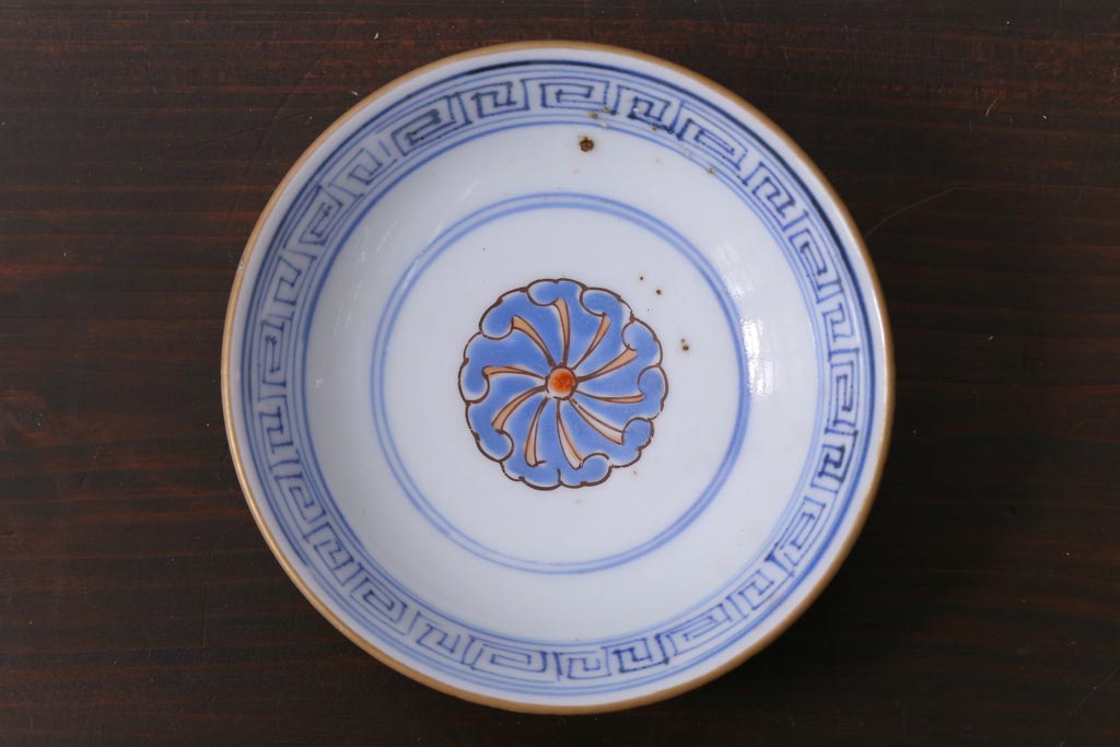 和製アンティーク　古伊万里　江戸期　華やかな色絵染付の蓋つき茶碗2客セット(和食器)