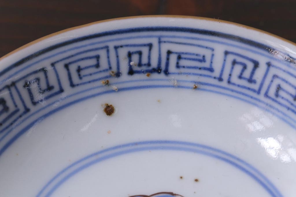 和製アンティーク　古伊万里　江戸期　華やかな色絵染付の蓋つき茶碗2客セット(和食器)