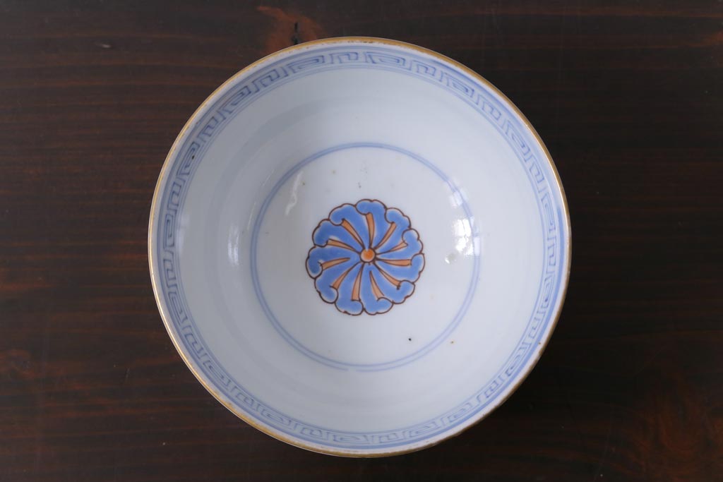 和製アンティーク　古伊万里　江戸期　華やかな色絵染付の蓋つき茶碗2客セット(和食器)