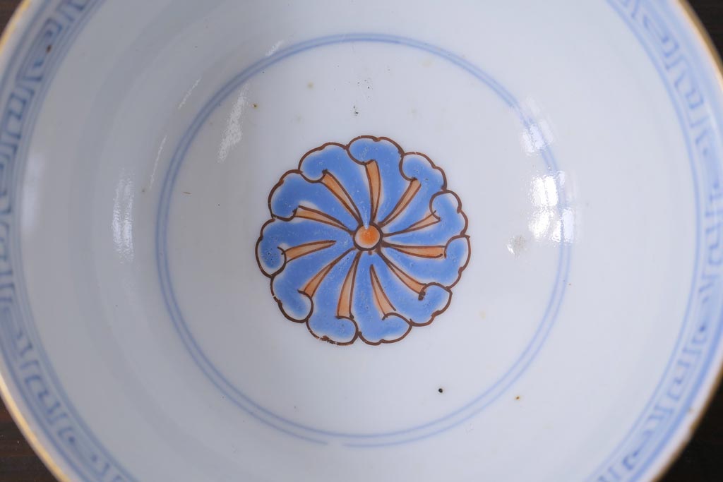 和製アンティーク　古伊万里　江戸期　華やかな色絵染付の蓋つき茶碗2客セット(和食器)