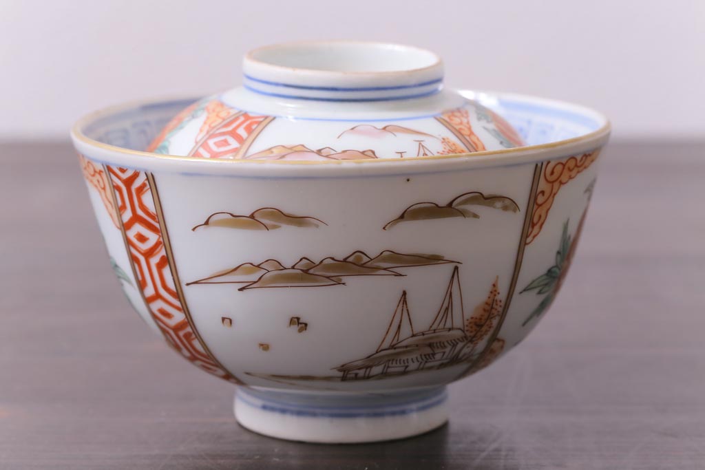 和製アンティーク　古伊万里　江戸期　華やかな色絵染付の蓋つき茶碗2客セット(和食器)