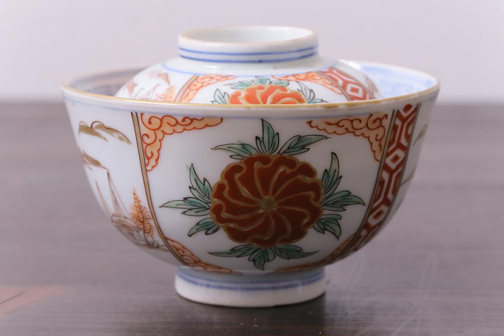 和製アンティーク　古伊万里　江戸期　華やかな色絵染付の蓋つき茶碗2客セット(和食器)