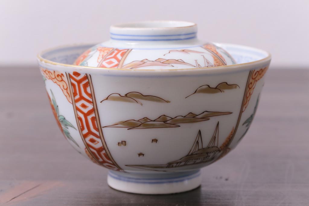 和製アンティーク　古伊万里　江戸期　華やかな色絵染付の蓋つき茶碗2客セット(和食器)