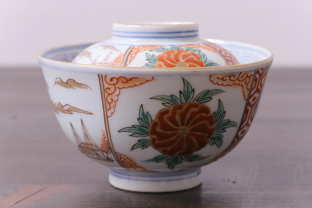 和製アンティーク　古伊万里　江戸期　華やかな色絵染付の蓋つき茶碗2客セット(和食器)