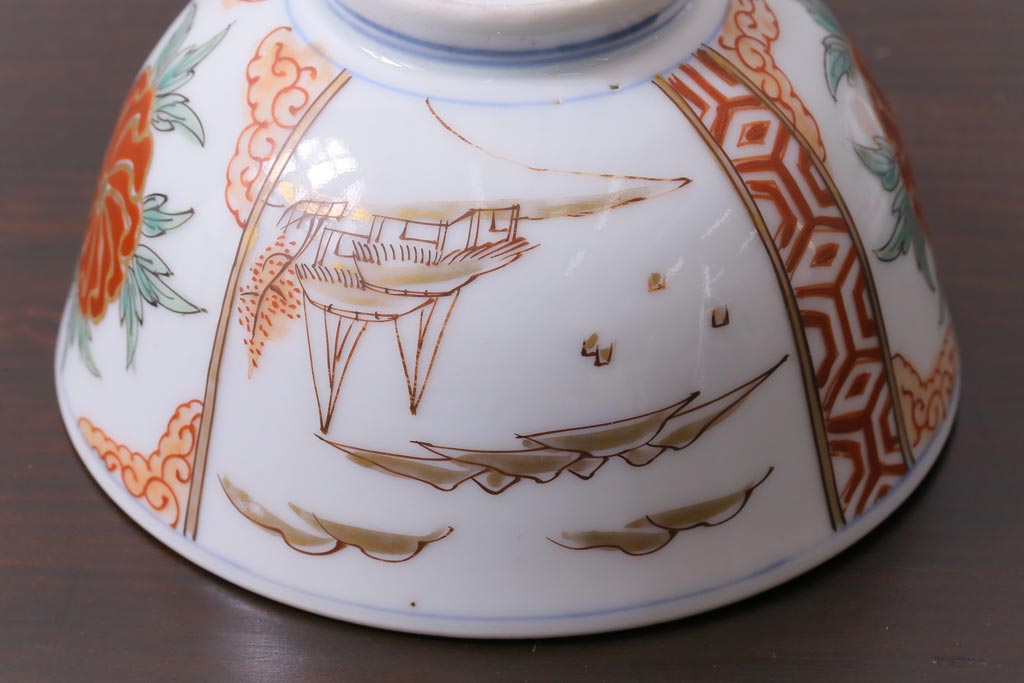 和製アンティーク　古伊万里　江戸期　華やかな色絵染付の蓋つき茶碗2客セット(和食器)